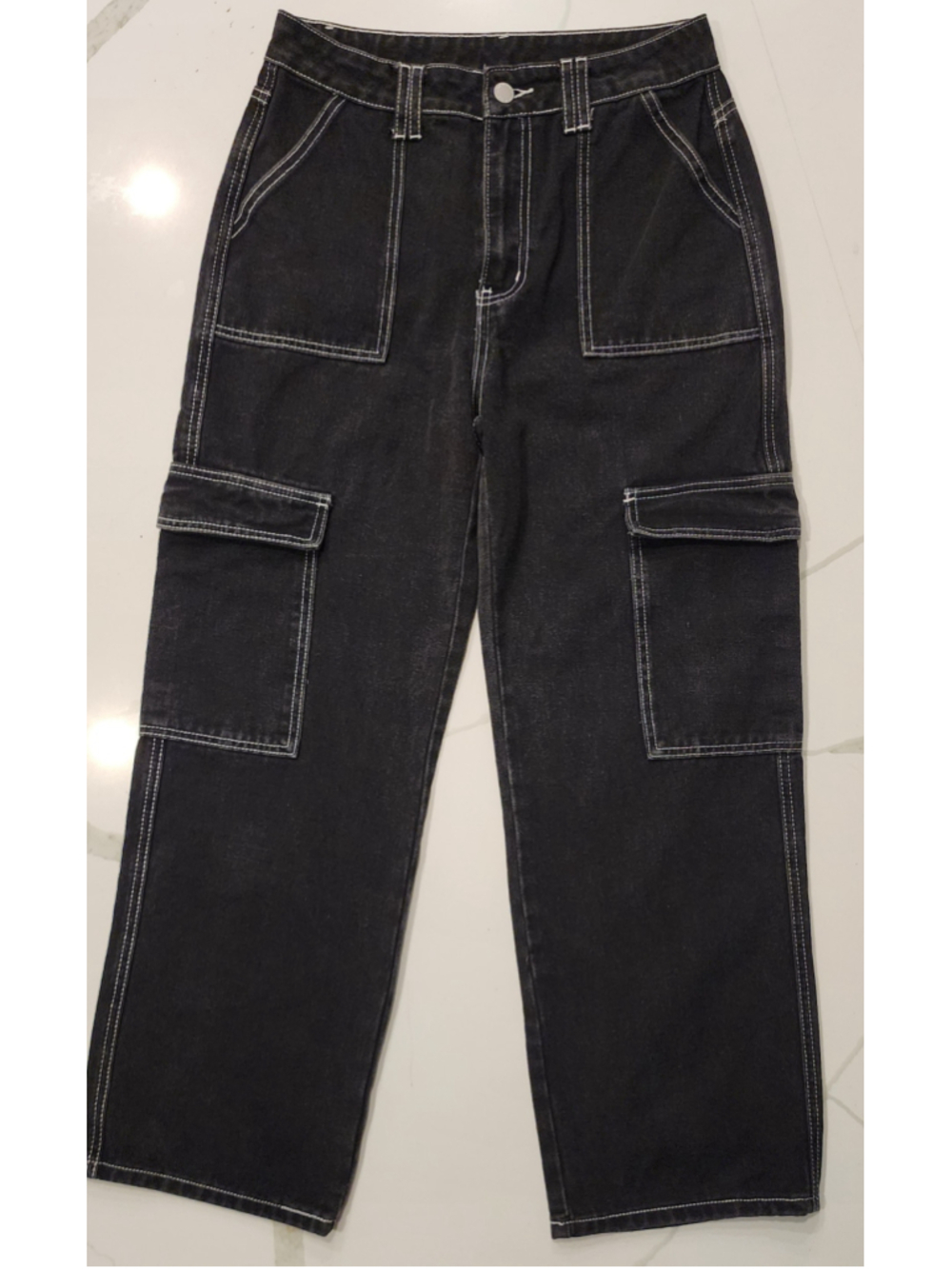 Petite M Black Cargo Jeans Wide Leg Baggy Y2K Streetwear Utility Denim Pants